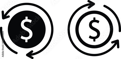 Two black and white icons representing money exchange or currency circulation Keywords: money, currency, dollar, exchange