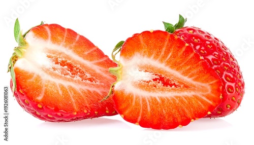 Fresh Strawberry Halved Showing Juicy Interior and Seeds.