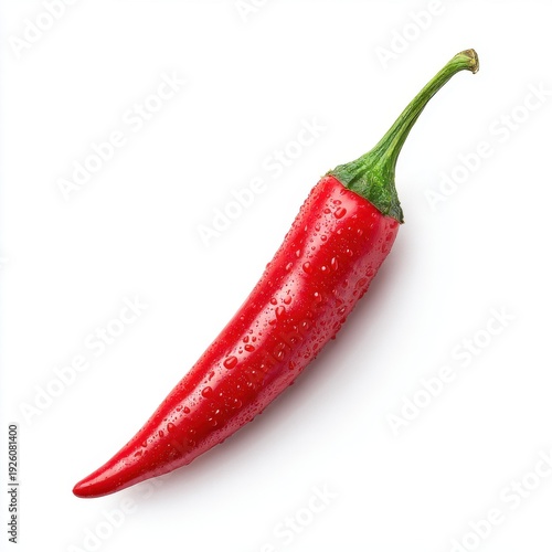 Vibrant Red Chili Pepper with Water Droplets on White Background