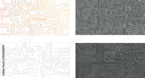 Futuristic innovative high tech circuit board electrical wires digital electronics silhouette vector illustration bundle