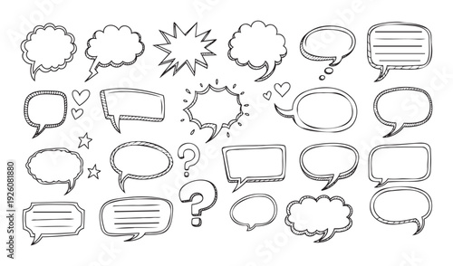 Handdrawn collection of comicstyle dialogue and thought bubbles with diverse shapes and textures, ideal for dynamic storytelling, messaging apps, and creative graphic design.