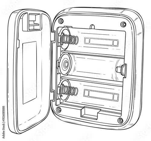 Detailed black and white line drawing depicting an open battery compartment with three AA batteries inside, perfect for instructional manuals or technical diagrams requiring clear visual