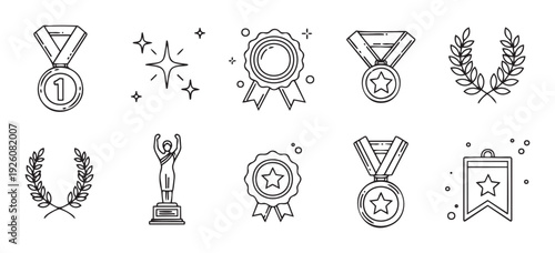 A collection of achievement and success outline icons including number one medal, star medal, laurel wreath, trophy, and badges perfect for recognizing excellence in various contexts