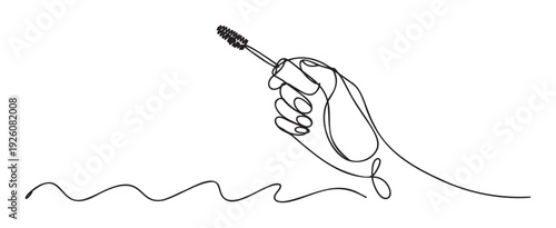 Elegant single line drawing captures a graceful hand holding a mascara brush, ideal for conveying minimalist beauty, makeup expertise, and cosmetic product promotion.