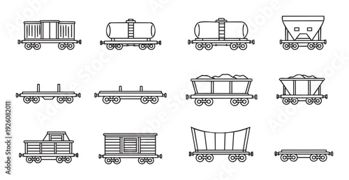 Comprehensive collection of line art railway freight wagons and cargo train carriages perfect for transportation industry infographics and logistics design resources.