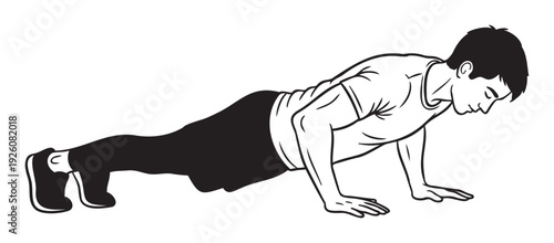 A strong man performing a push up exercise to build upper body strength and maintain fitness, perfect for health and wellness promotions or workout guides.