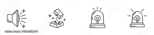 Modern graphic outlines of a loud speaker megaphone announcing, an unboxing gift box with a surprise, and emergency alert sirens, ideal for user interface elements, announcement indicators,
