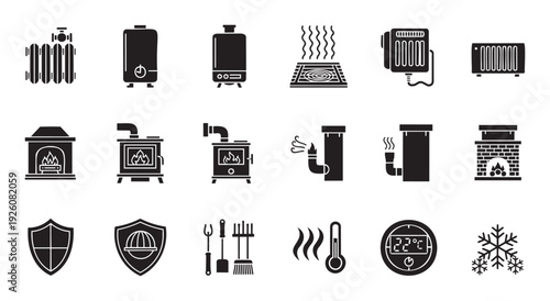 Essential heating system and home comfort icons featuring various appliances, climate controls, and safety elements for illustrating winter season applications or energy efficiency guides.