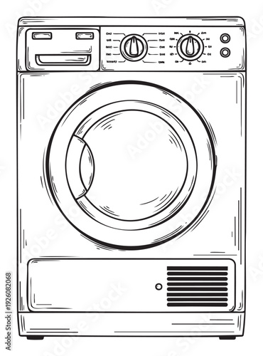 Sketchy black and white line drawing depicting a modern frontloading clothes dryer, suitable for appliance repair guides, educational content, or household product advertisements.