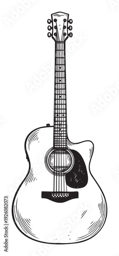 A classic acoustic guitar black line drawing ideal for music school promotions, concert posters, band logos, or any media requiring a hand drawn musical instrument graphic resource.