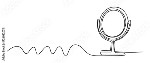 Sleek continuous line artwork depicting a stylish round standing mirror connected by a flowing undulating line, perfect for contemporary branding and sophisticated decor projects.