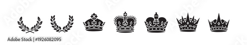 Various stylized black crown and laurel wreath symbols for prestigious logos, emblems, awards, and design projects representing royalty, victory, triumph, power, and success.