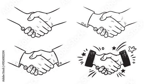Versatile compilation of hand drawn handshake graphics representing successful business deals and professional partnership ideal for corporate communication and agreement visuals