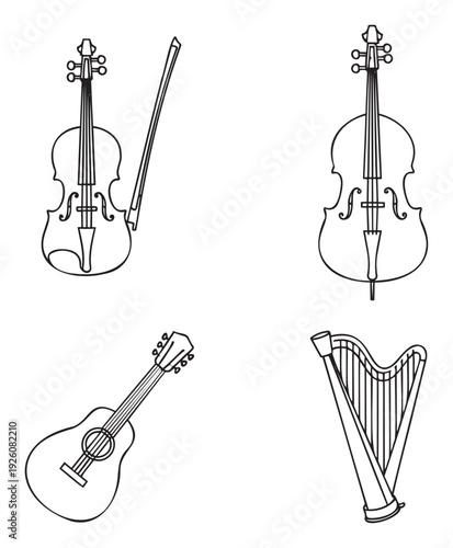 Classic string instruments like a violin, cello, guitar, and harp are depicted in simple outline style, ideal for educational media or decorative arts