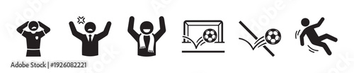 Collection of soccer football match pictograms illustrating various fan emotions and game actions like scoring a goal, kicking the ball, and slipping for sports event graphics and
