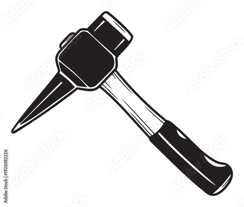 Black and white geological hammer for mining, prospecting, and construction industries, useful for educational materials, tool catalogs, or industrial equipment advertisements.