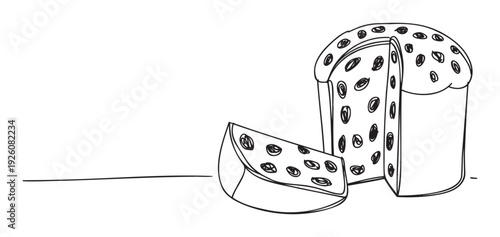 Hand drawn style Panettone sweet holiday bread with a serving portion next to it, excellent for seasonal bakery promotions and festive culinary visuals.