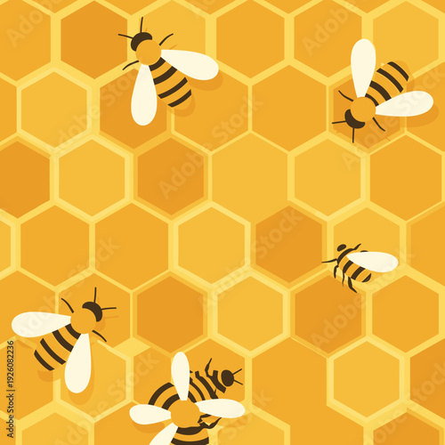 Golden Hexagonal Honeycomb Pattern with Flying Honey Bees