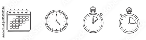 Essential collection of timerelated symbols including a detailed calendar, traditional analog clock, and precise stopwatches, ideal for illustrating concepts of planning, appointments, and