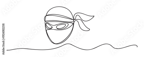 Continuous line drawing of a ninja mask symbolizing stealth, anonymity, and digital security for various graphic projects, icons, or modern web designs