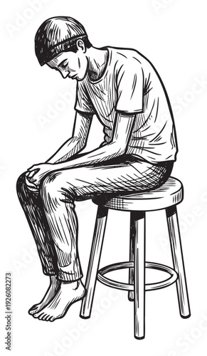 Young man sitting on a stool with head down conveying sadness and contemplation perfect for mental health awareness and emotional support projects.