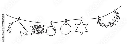 Simple black line drawing of a Christmas garland featuring various winter holiday ornaments like a tree, snowflake, baubles, star, and mistletoe, perfect for festive seasonal greeting