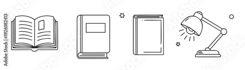 Collection of reading and education icons including an open book, stacked books, a closed book, and a desk lamp, perfect for academic resources and learning applications to support