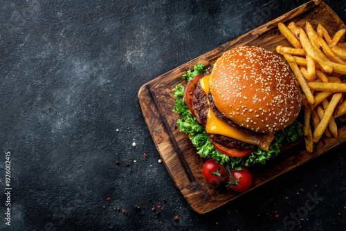 Juicy beef cheeseburger with melted cheddar, fresh lettuce and ketchup served with crispy french fries on rustic wooden board.