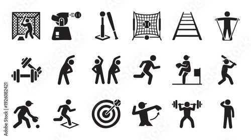 A diverse collection of black silhouette icons illustrating various baseball training activities and general fitness exercises, ideal for sports apps, gym advertisements, or athletic