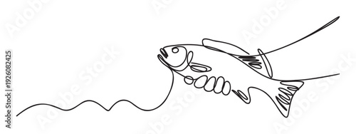 A fish caught on a fishing line depicted in a fluid continuous monoline drawing style is perfect for aquatic themes, fishing sport promotions, or marine wildlife education materials.