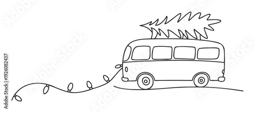 A charming simple outline drawing of a camper van with a Christmas tree on its roof and a string of festive lights trailing behind, perfect for holiday season greetings or childrens