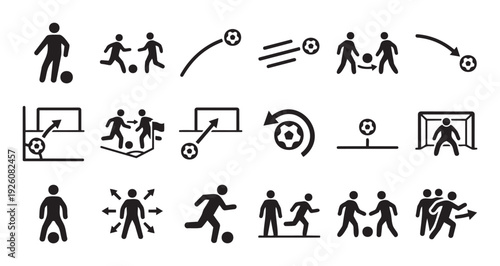 Comprehensive collection of soccer player and gameplay icons depicting various actions like kicking, passing, scoring, defending, and goal events, ideal for sports applications, websites,