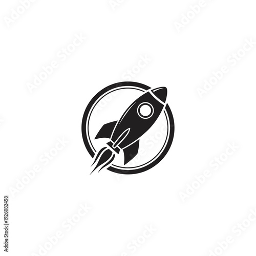 Circular Logo of a Rocket Ship Launching into Space