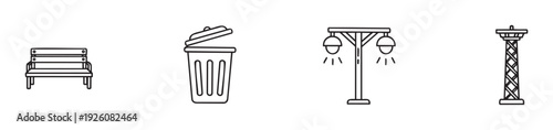 Minimalist linear icons depicting essential urban public equipment such as a park bench, an open trash receptacle, a classic double street lamp, and a decorative pillar, perfect for web and