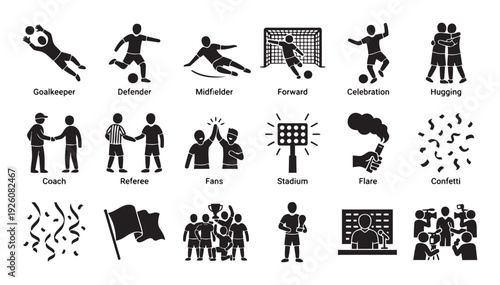 Soccer football sport icons featuring players, coaches, referees, fans, and game elements for sports branding and digital media applications