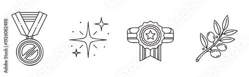 Collection of outline icons depicting awards, success, quality badges, and an olive branch, ideal for symbolizing triumph, recognition, and excellence in various graphic projects and web