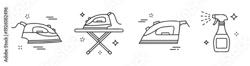 Modern outline icons of laundry equipment featuring irons and a spray bottle, excellent for homemaking blogs, service apps, and infographic presentations.