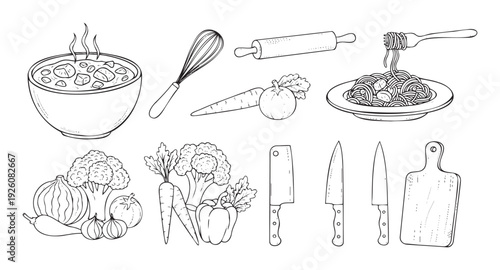 Hand drawn kitchen tools and fresh vegetable ingredients for cooking and healthy eating concepts, perfect for recipe blogs and foodrelated publications.