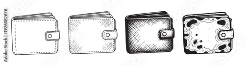Progressive depiction of wallets from clean outline to rich texture and distressed forms, ideal for illustrating financial evolution, economic status, or consumer product changes.