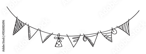 Hand drawn black and white party bunting with festive flags and a hat, perfect for event invitations, celebration graphics, and holiday decor projects.