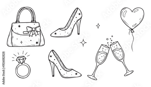 Fashion accessories and celebration elements doodle set featuring a stylish handbag, high heels, sparkling diamond ring, heart balloon, and champagne glasses for event planning and luxury
