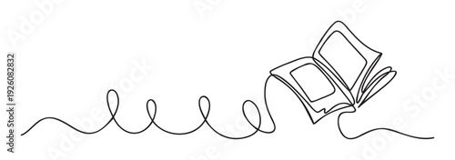 Minimalist continuous line drawing of an open book with flowing pages, representing reading, education, and knowledge, ideal for academic materials or literary event promotions.