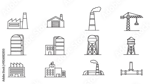 Outline icons representing industrial buildings, manufacturing plants, utility structures, and construction equipment, ideal for modern business presentations, web graphics, and educational