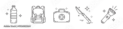 Essential gear for outdoor adventures and emergency preparedness, featuring a water bottle, backpack, first aid kit, knife, and flashlight icons for various survival and travel needs