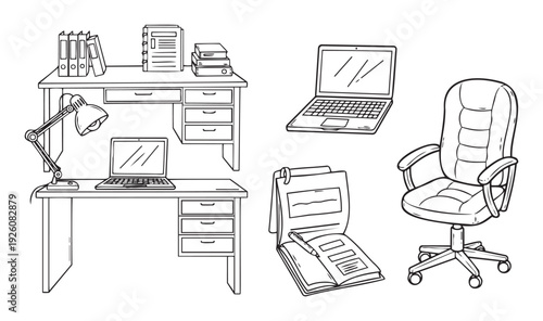 A collection of essential work from home and office supplies including desks, laptops, an ergonomic chair, and various stationery for business, education, or productivity concepts