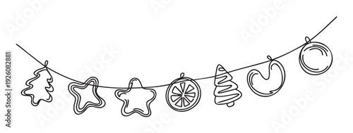 Line drawing of holiday cookies and ornaments hanging on a string perfect for winter season greeting cards, festive event invitations, or celebratory decoration graphics.