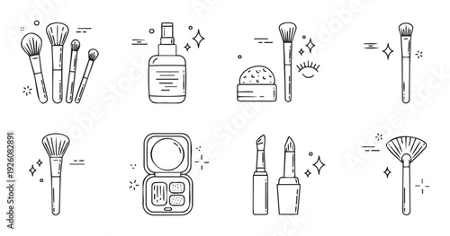 A comprehensive collection of cosmetic line icons including various makeup brushes, skincare spray, pressed face powder, eyeshadow palette, and lipsticks for beauty and personal care