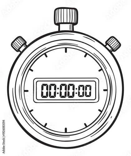 This graphic representation of a stopwatch with a digital display showing zero is perfect for sports timing, race tracking, and various time management applications.