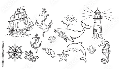 Explore a collection of hand drawn marine voyage elements including sailing ships, anchors, whales, and lighthouses perfect for sea adventure themed projects and decorations