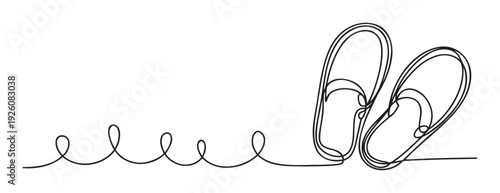 Minimalist one continuous line drawing of two flipflops symbolizing summer vacation and relaxation, ideal for travel related promotions or holiday marketing materials.